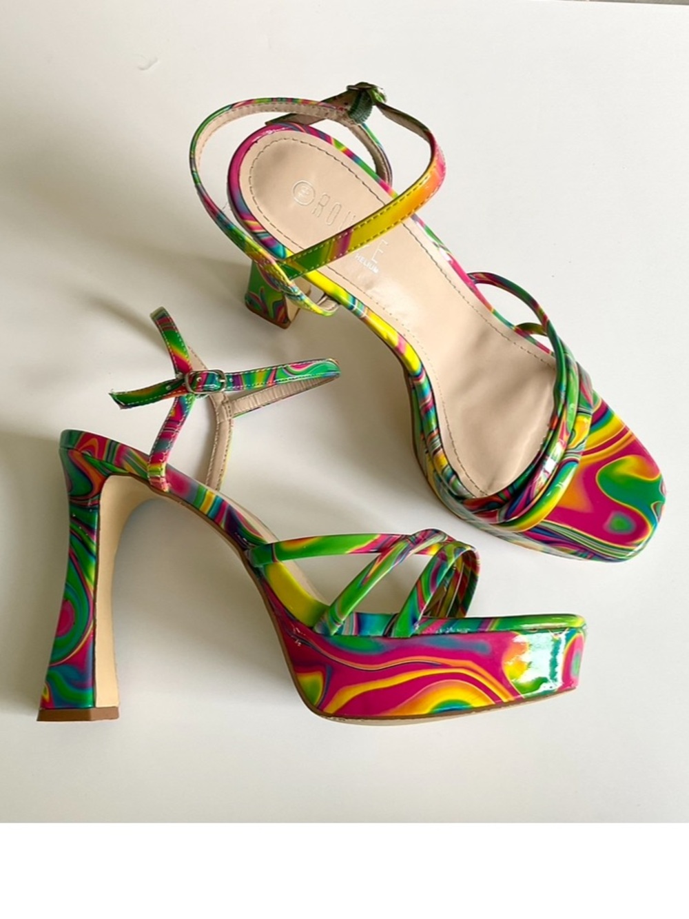 ROUGE HELIUM Groovy Swirl Platform Neon Heels Sandals Pumps Shoe Size 10